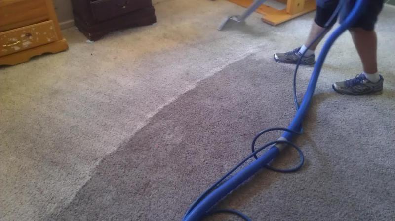 Full Service Carpet Care technician steam cleaning a carpet